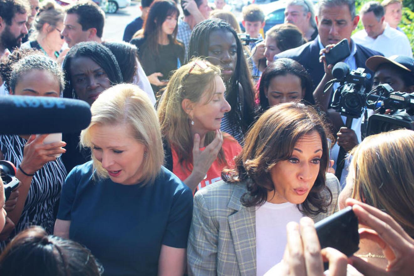 Democratic senators Kamala Harris and Kirsten Gillibrand try to get into the Homestead shelter for unaccompanied migrants on Friday, June 28, 2019.